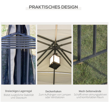 Sodo paviljonas su dvigubu stogu, sodo palapinė, šventinė palapinė su 4 šoninėmis sienomis, metalas + poliesteris, kreminės baltos spalvos, 2,99 x 2,99 x 2,74 m