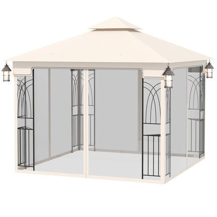 Sodo paviljonas su dvigubu stogu, sodo palapinė, šventinė palapinė su 4 šoninėmis sienomis, metalas + poliesteris, kreminės baltos spalvos, 2,99 x 2,99 x 2,74 m
