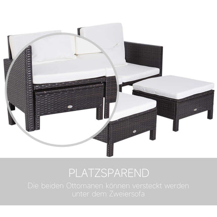 Sodo sofos komplektas, rudas, poliratanas ir metalas, su dviviete sofa, taburetėle ir pagalvėlėmis, idealiai tinka sodui ir poilsio zonai