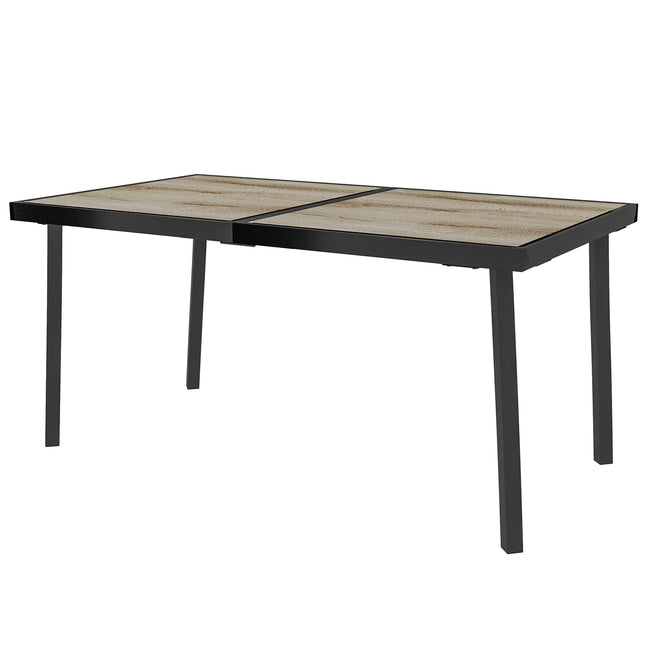 Sodo stalas, balkono stalas, 145 x 85 cm terasos stalas 6 asmenims su medžio imitacija, valgomojo stalas sodui, plieninis rėmas, pilkas