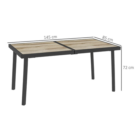 Sodo stalas, balkono stalas, 145 x 85 cm terasos stalas 6 asmenims su medžio imitacija, valgomojo stalas sodui, plieninis rėmas, pilkas