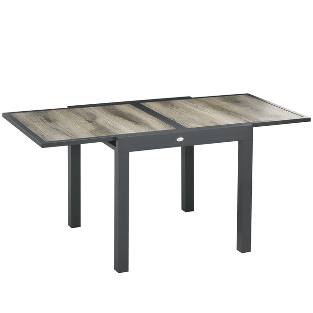 Extendable patio dining table in aluminum - wood look, beige/grey