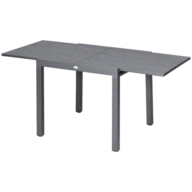 Extendable patio table, wooden look, 6 chairs, steel