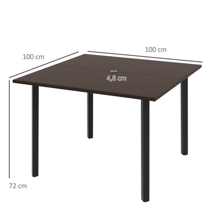 Sodo stalas, kvadratinis, 4 asmenims, su skėčio skyle, plienas, rudas, 100x100x72 cm