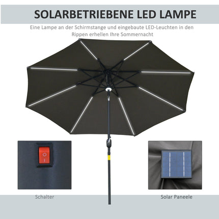 Sodo skėtis su saulės šviestuvu, LED, plienas, aliuminis, poliesteris, tamsiai pilkas, Ø270x245Hcm