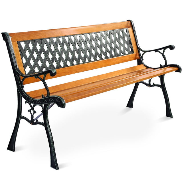Sodo suolas su ketaus konstrukcija, skirtas naudoti lauke, 125 x 52 x 73 cm, juodas + natūralus