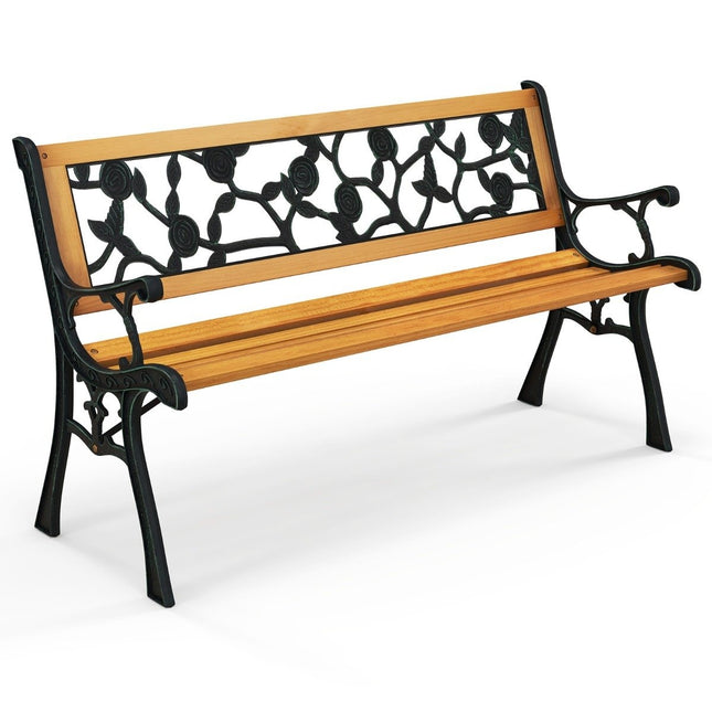 Sodo suolas su lieto metalo rėmu ir medine sėdyne. Ergonomiškas suolas 3 asmenims, 127,5 cm ilgio.