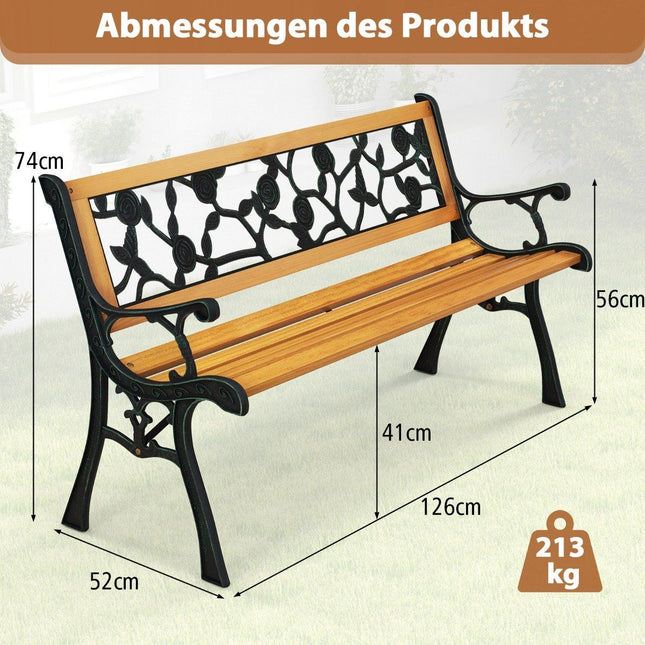 Sodo suolas su lieto metalo rėmu ir medine sėdyne. Ergonomiškas suolas 3 asmenims, 127,5 cm ilgio.