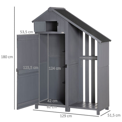 Sodo spintelės medinė įrankių sandėliukas sodo namelis įrankių spintelė medinė trobelė dvišlaitis stogas pilka + juoda 129 x 51,5 x 180 cm