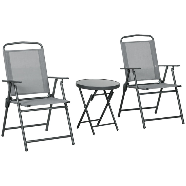 Sulankstomas sodo baldų bistro komplektas su 1 stalu ir 2 kėdėmis, patvarus, pagamintas iš plieno ir tinklelio, 53,5 x 64 x 93 cm, šviesiai pilkas, balkonui ir terasai.