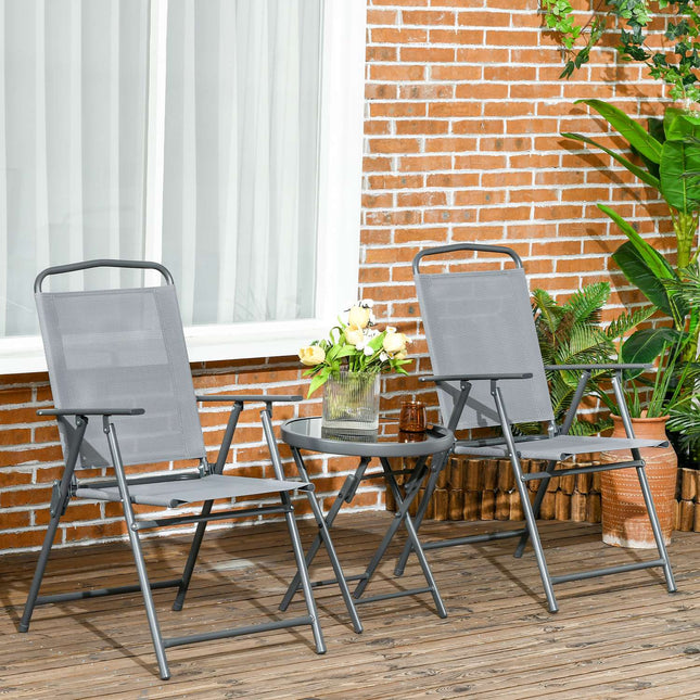 Sulankstomas sodo baldų bistro komplektas su 1 stalu ir 2 kėdėmis, patvarus, pagamintas iš plieno ir tinklelio, 53,5 x 64 x 93 cm, šviesiai pilkas, balkonui ir terasai.