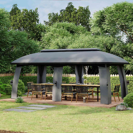 Sodo paviljonas 3 x 6 m vakarėlių palapinė su dvigubu stogu ir šoninėmis sienomis, tinkleliais nuo musių iki 15 žmonių, cinkuotas metalas, tamsiai pilka