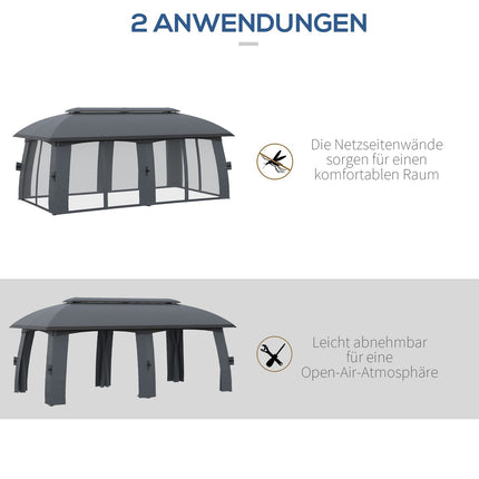 Sodo paviljonas 3 x 6 m vakarėlių palapinė su dvigubu stogu ir šoninėmis sienomis, tinkleliais nuo musių iki 15 žmonių, cinkuotas metalas, tamsiai pilka