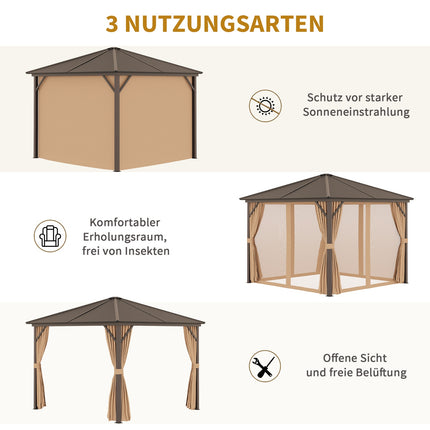 Sodo paviljono vakarėlių palapinė, 4 x dvigubos šoninės sienelės, žibintų kabliukai, aliuminis + poliesteris, bronza + šviesiai ruda, maždaug 3 x 3 x 2,5 m |