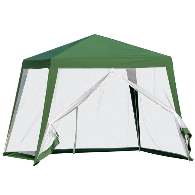 Sodo paviljono šventinė palapinė, atspari oro sąlygoms, su tinkleliu nuo uodų, metalinė + poliesterio, žalia, 3 x 3 m