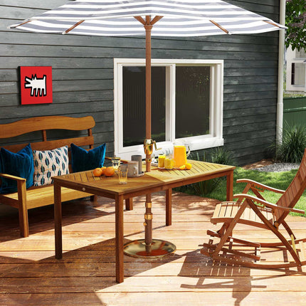 Sodo stalas 150x85cm, atsparus oro sąlygoms balkono stalas, pagamintas iš medžio, 6 asmenims su skyle skėčiui, grotelių dizainas iš natūralios medienos