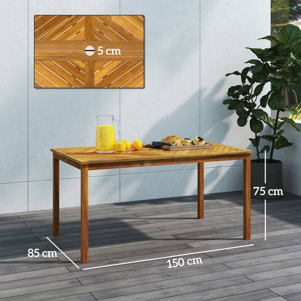 Sodo stalas 150x85cm, atsparus oro sąlygoms balkono stalas, pagamintas iš medžio, 6 asmenims su skyle skėčiui, grotelių dizainas iš natūralios medienos