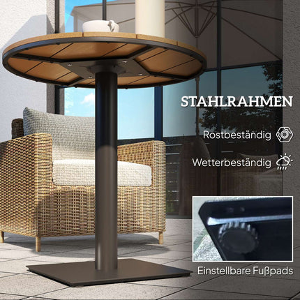 Sodo stalas Ø70 cm, atsparus oro sąlygoms apvalus balkono stalas su grotelių dizainu, plieninis lauko valgomojo stalas, kempingo stalas, šoninis stalas, kiemo stalas sodui, terasai, balkonui, natūrali mediena