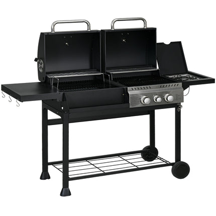 Dujinės kepsninės vežimėlis su 2+1 degikliu, termometru, 3 kW, BBQ medžio anglies kepsninė, lentyna, šoninė lentyna, kabliukas, kempingas, juodas