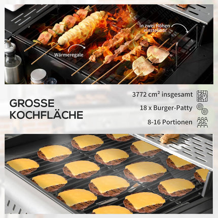 Dujinės kepsninės vežimėlis su 2+1 degikliu, termometru, 3 kW, BBQ medžio anglies kepsninė, lentyna, šoninė lentyna, kabliukas, kempingas, juodas
