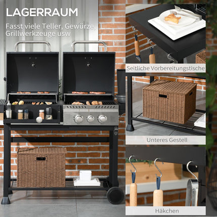 Dujinės kepsninės vežimėlis su 2+1 degikliu, termometru, 3 kW, BBQ medžio anglies kepsninė, lentyna, šoninė lentyna, kabliukas, kempingas, juodas