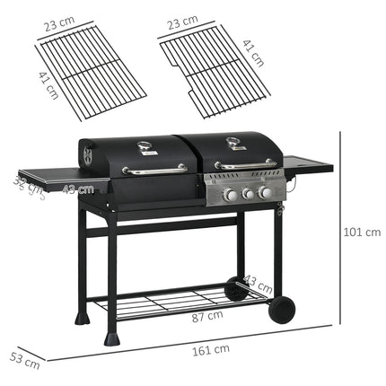 Dujinės kepsninės vežimėlis su 2+1 degikliu, termometru, 3 kW, BBQ medžio anglies kepsninė, lentyna, šoninė lentyna, kabliukas, kempingas, juodas