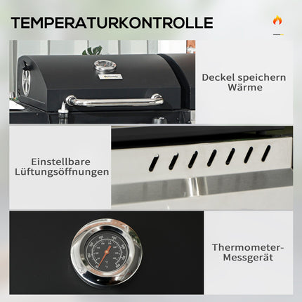 Dujinės kepsninės vežimėlis su 2+1 degikliu, termometru, 3 kW, BBQ medžio anglies kepsninė, lentyna, šoninė lentyna, kabliukas, kempingas, juodas