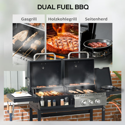 Dujinės kepsninės vežimėlis su 2+1 degikliu, termometru, 3 kW, BBQ medžio anglies kepsninė, lentyna, šoninė lentyna, kabliukas, kempingas, juodas