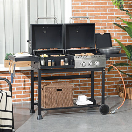 Dujinės kepsninės vežimėlis su 2+1 degikliu, termometru, 3 kW, BBQ medžio anglies kepsninė, lentyna, šoninė lentyna, kabliukas, kempingas, juodas