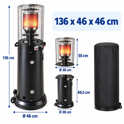 Gas Patio Heater 10-11 kW with Piezo Ignition and Castors, Cover, Black