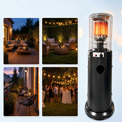 Gas Patio Heater 10-11 kW with Piezo Ignition and Castors, Cover, Black