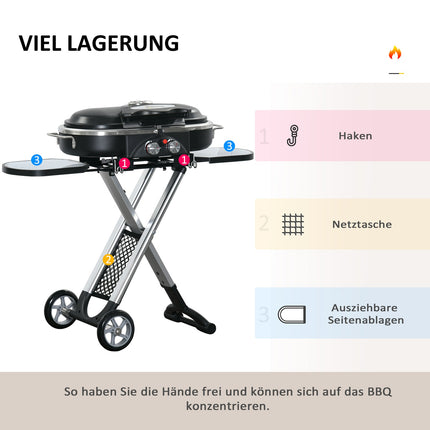 Gas grill BBQ Cart, foldable 2 burners, stainless steel