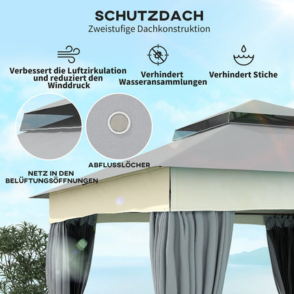 Pavėsinė su dvigubu stogu, 3x3 m, atspari vandeniui, stabili, žiemai atspari sodo paviljonė su tinkleliu nuo uodų, šoninėmis panelėmis, sodo paviljonė pagaminta iš metalo, sodui, terasai, tamsiai pilka