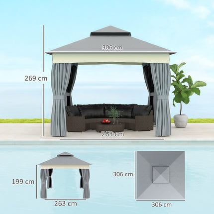 Pavėsinė su dvigubu stogu, 3x3 m, atspari vandeniui, stabili, žiemai atspari sodo paviljonė su tinkleliu nuo uodų, šoninėmis panelėmis, sodo paviljonė pagaminta iš metalo, sodui, terasai, tamsiai pilka