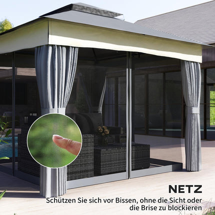 Pavėsinė su dvigubu stogu, 3x3 m, atspari vandeniui, stabili, žiemai atspari sodo paviljonė su tinkleliu nuo uodų, šoninėmis panelėmis, sodo paviljonė pagaminta iš metalo, sodui, terasai, tamsiai pilka