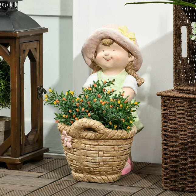 Mergaitė su gėlių vazonu, atspari oro sąlygoms, sodo figūrėlė, vazono ornamento skulptūra namų dekorui, sodo kiemui