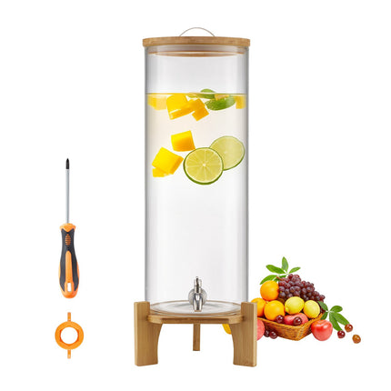 Glass Beverage Dispenser 13L, Wood Stand, Steel Spigot