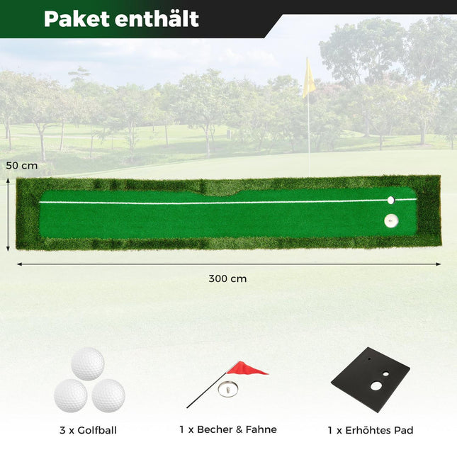 Golfo kamuoliukų kilimėlis - 300 cm, dviejų duobučių, 3 kamuoliukai