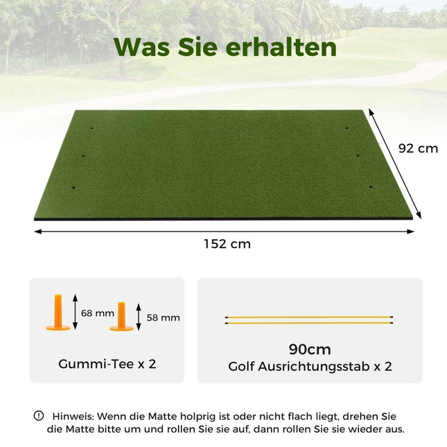 Golfo aikštelės kilimėlis 2 guminiai aikštelės startai ir 2 lygiavimo lazdelės 6 aikštelės pozicijos 152 x 92 cm storis 20 mm