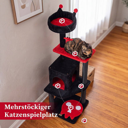 Gotikinis katėms skirtas draskyklės medis 144 cm su draskyklomis, juodas ir raudonas