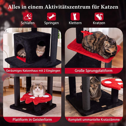 Gotikinis katėms skirtas draskyklės medis 144 cm su draskyklomis, juodas ir raudonas
