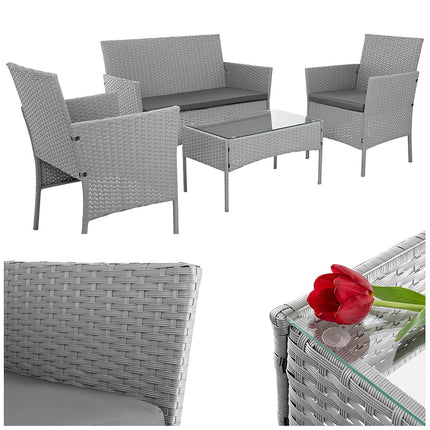 Pilkas rotango sodo baldų komplektas - 2 kėdės, sofa, stalas
