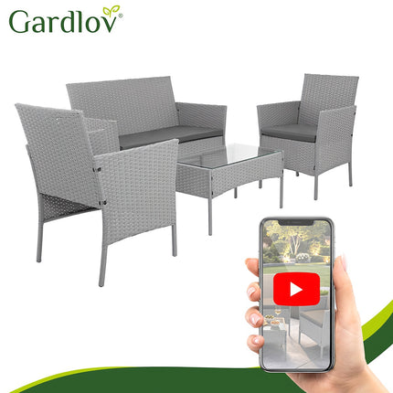Pilkas rotango sodo baldų komplektas - 2 kėdės, sofa, stalas