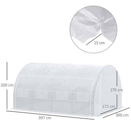 Plėvelinis šiltnamis 3,97 x 3,02 x 2 m su apsauga nuo UV spindulių, vėjui atsparus pomidorų namelis su plieninėmis šoninėmis durimis, baltos spalvos