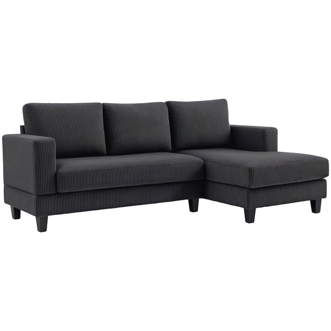 Pilka L formos trivietė sofa su šezlongu, aptraukta kordiniu audiniu