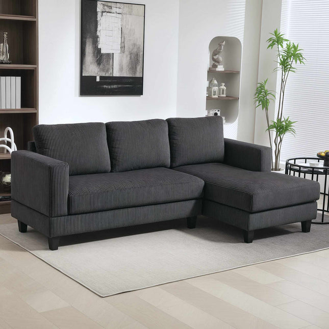 Pilka L formos trivietė sofa su šezlongu, aptraukta kordiniu audiniu