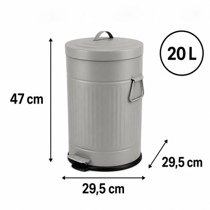 Pilka Retro Šiukšlių dėžė su Pedalu, 20L, Švelniai Užsidaranti, Virtuvei/Biurui