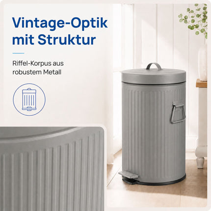 Pilka Retro Šiukšlių dėžė su Pedalu, 20L, Švelniai Užsidaranti, Virtuvei/Biurui