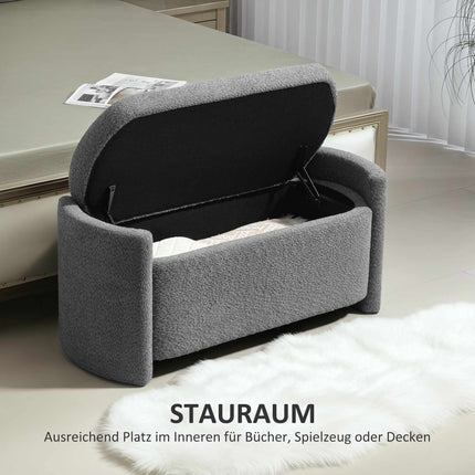 Pilkas apmuštas suoliukas su daiktadėže – 105 x 44 x 45,5 cm