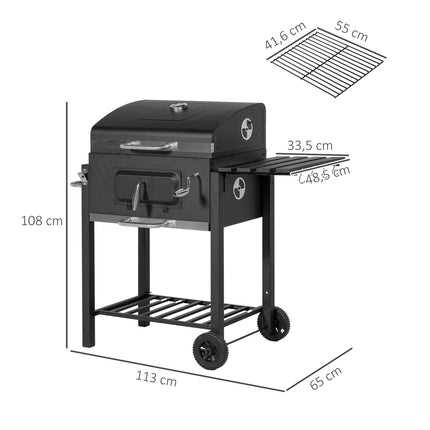 Grilio vežimėlis, medžio anglies grilis, BBQ pastatomas grilis, nerūdijančio plieno, juodas, 113x65x108 cm